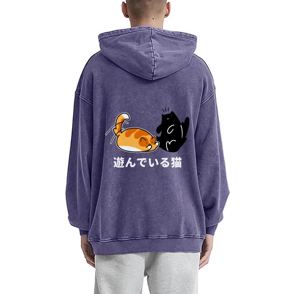 Cat Vintage Washed Cotton Back Art Hoodie