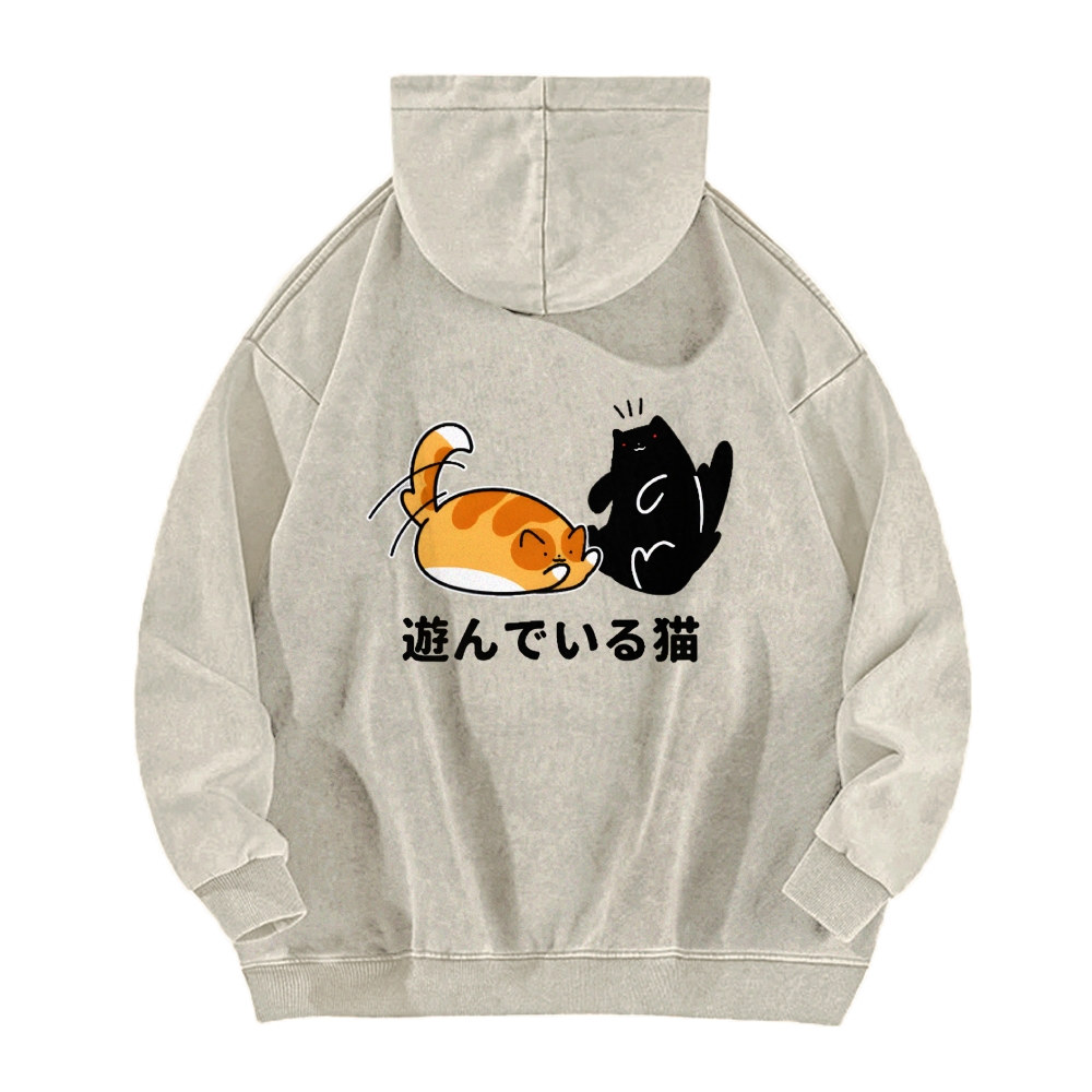 Cat Vintage Washed Cotton Back Art Hoodie