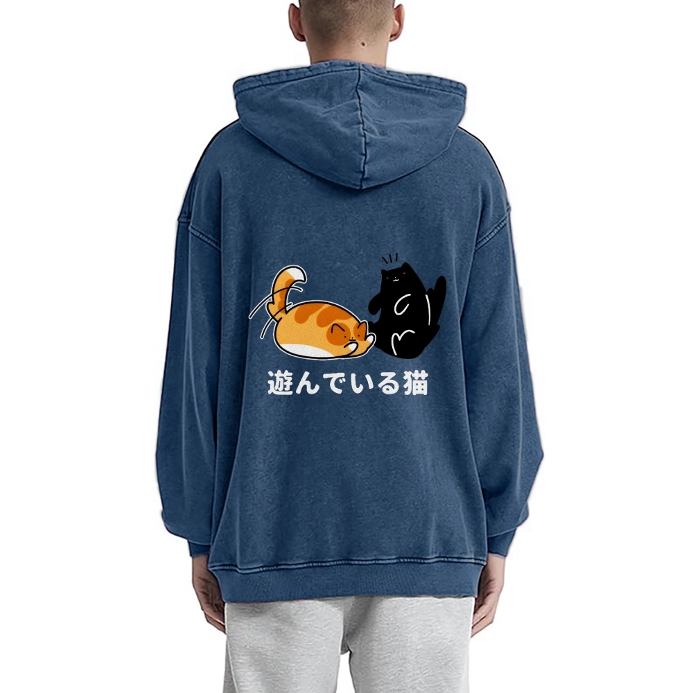 Cat Vintage Washed Cotton Back Art Hoodie