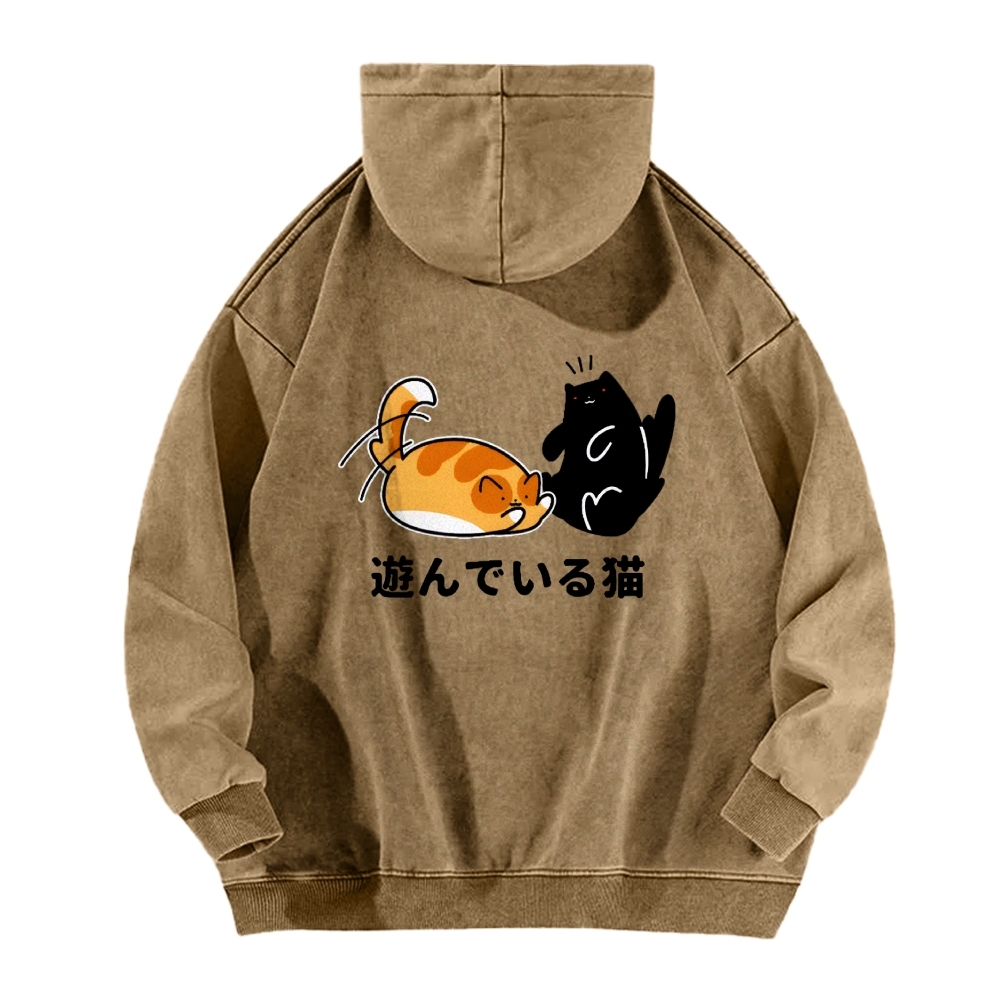 Cat Vintage Washed Cotton Back Art Hoodie