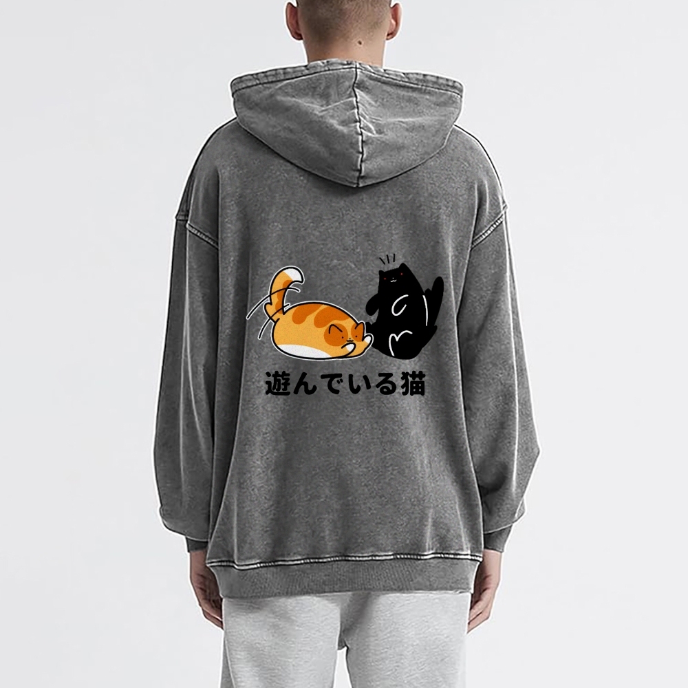 Cat Vintage Washed Cotton Back Art Hoodie