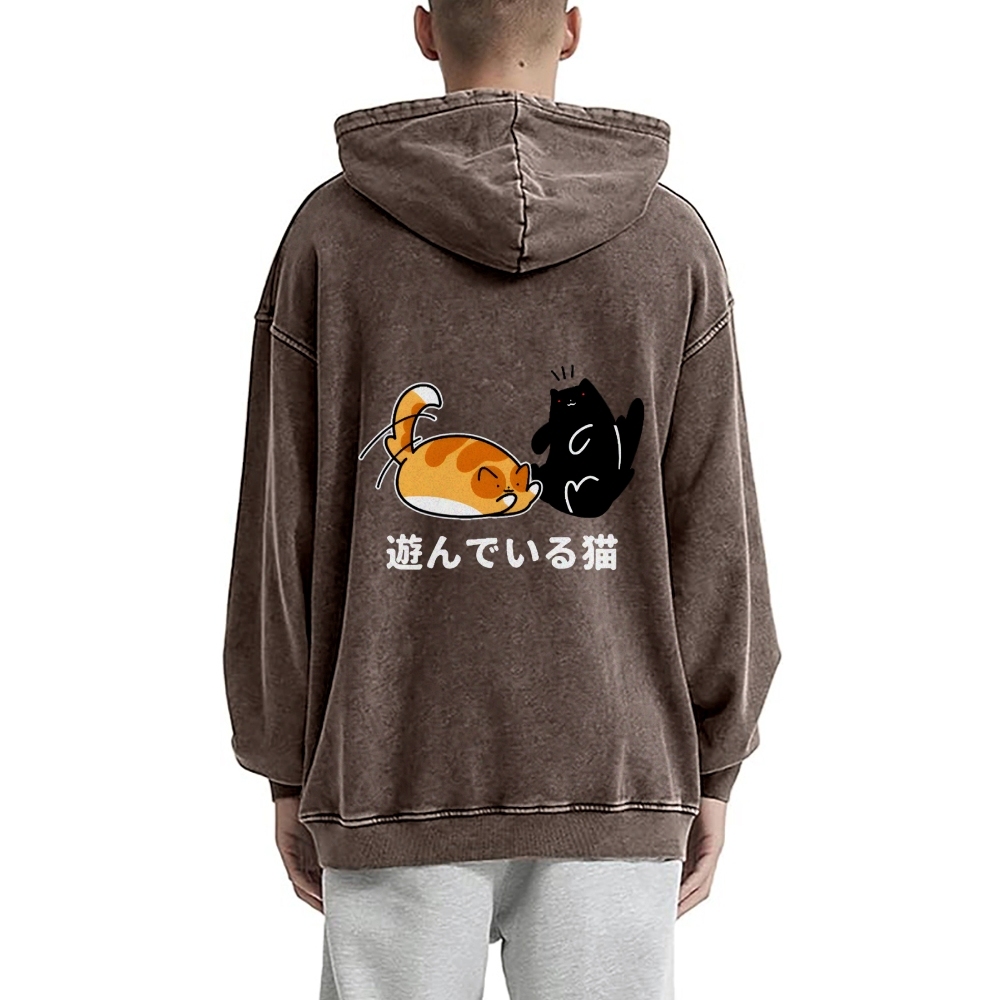Cat Vintage Washed Cotton Back Art Hoodie