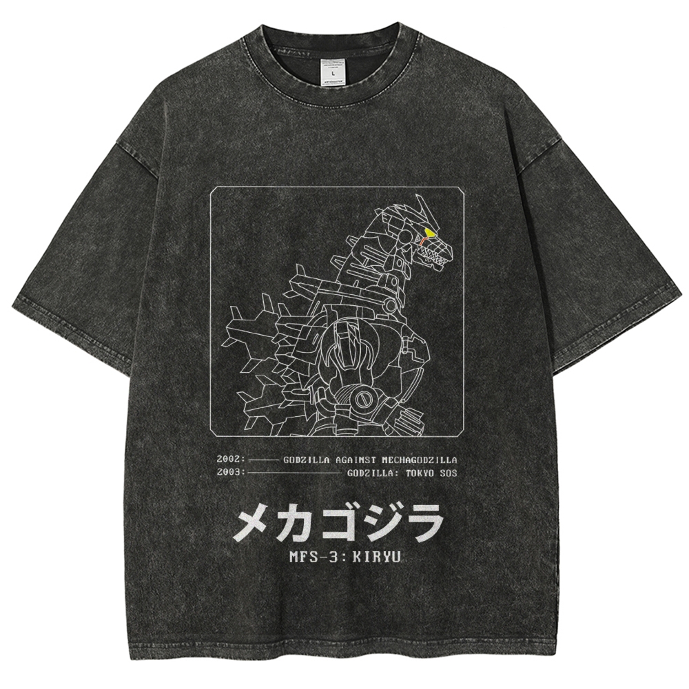 Godzilla Gundam Mechagodzilla Vintage Wash Japanese Design T-Shirt