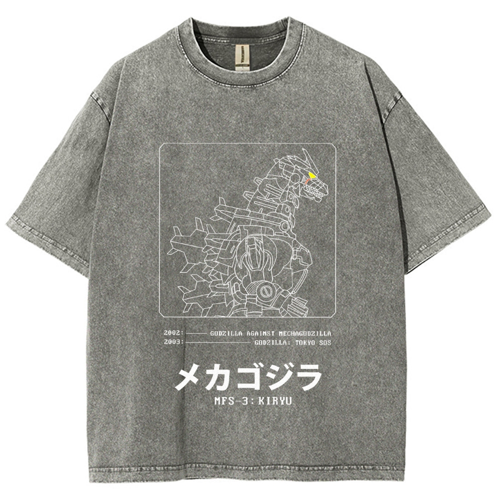 Godzilla Gundam Mechagodzilla Vintage Wash Japanese Design T-Shirt