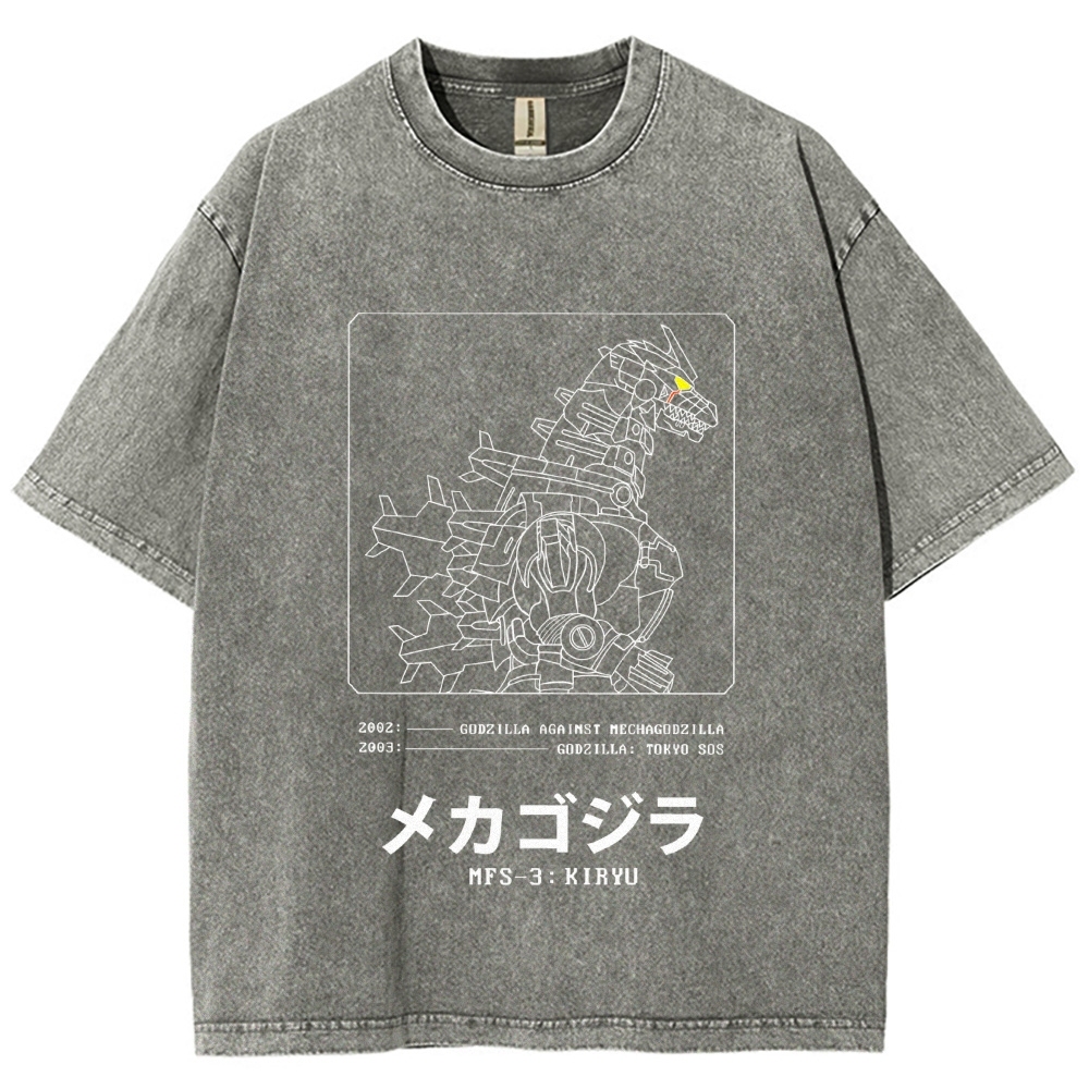 Godzilla Gundam Mechagodzilla Vintage Wash Japanese Design T-Shirt