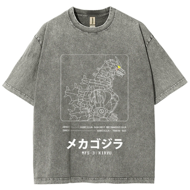 Godzilla Gundam Mechagodzilla Vintage Wash Japanese Design T-Shirt