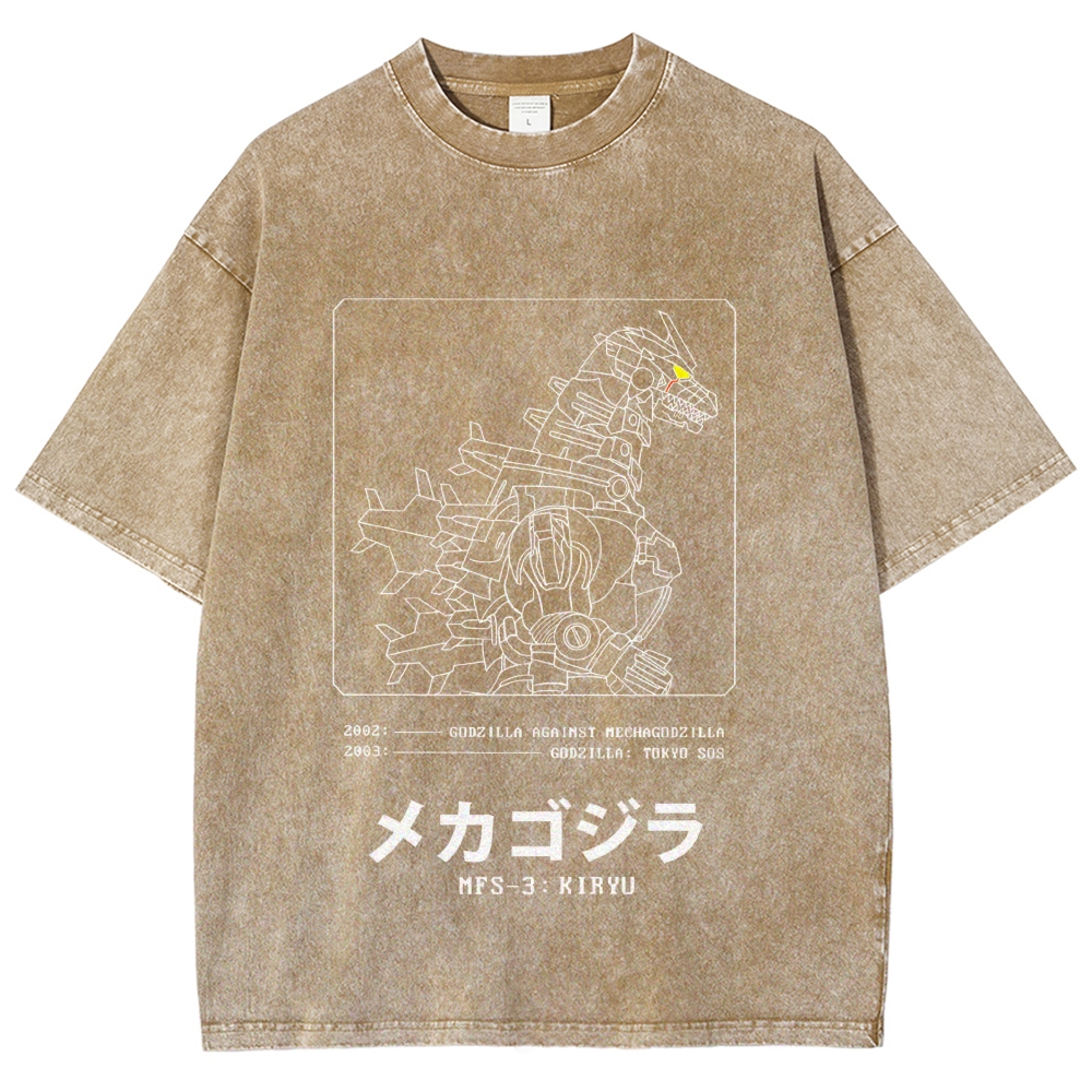 Godzilla Gundam Mechagodzilla Vintage Wash Japanese Design T-Shirt