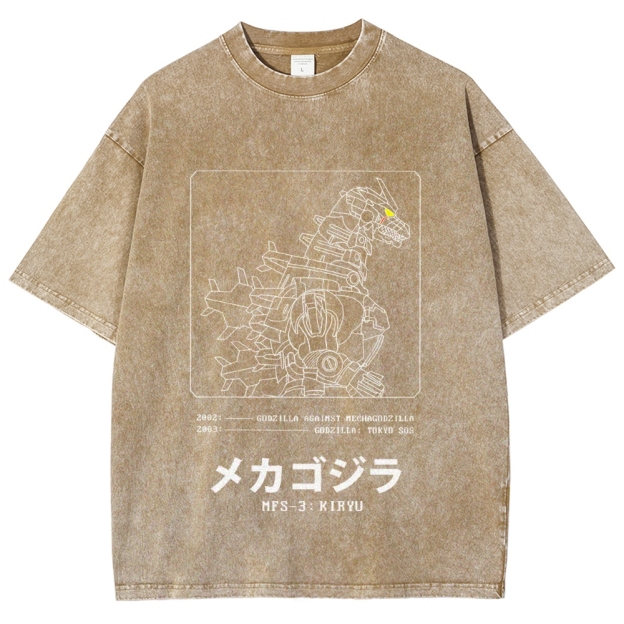 Godzilla Gundam Mechagodzilla Vintage Wash Japanese Design T-Shirt