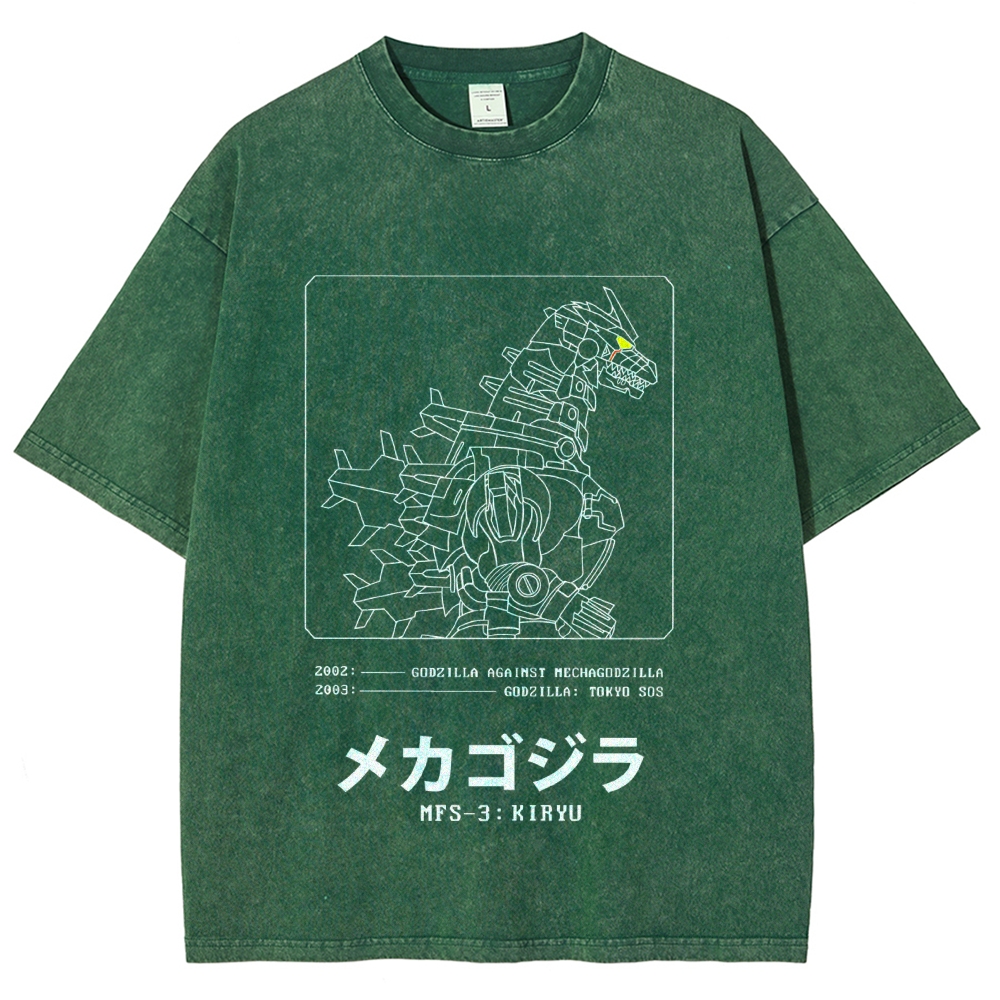 Godzilla Gundam Mechagodzilla Vintage Wash Japanese Design T-Shirt