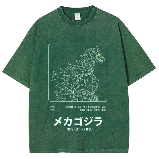 Godzilla Gundam Mechagodzilla Vintage Wash Japanese Design T-Shirt