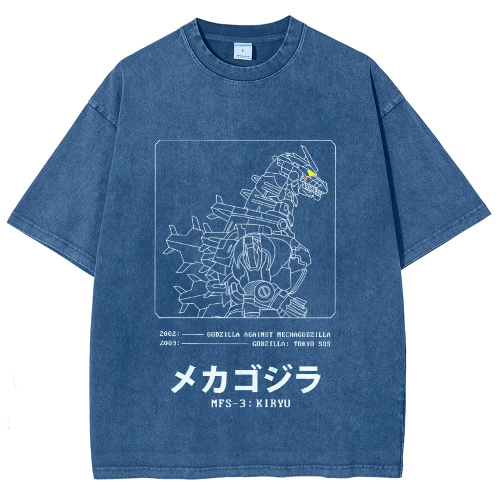 Godzilla Gundam Mechagodzilla Vintage Wash Japanese Design T-Shirt