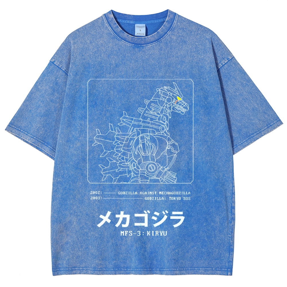 Godzilla Gundam Mechagodzilla Vintage Wash Japanese Design T-Shirt
