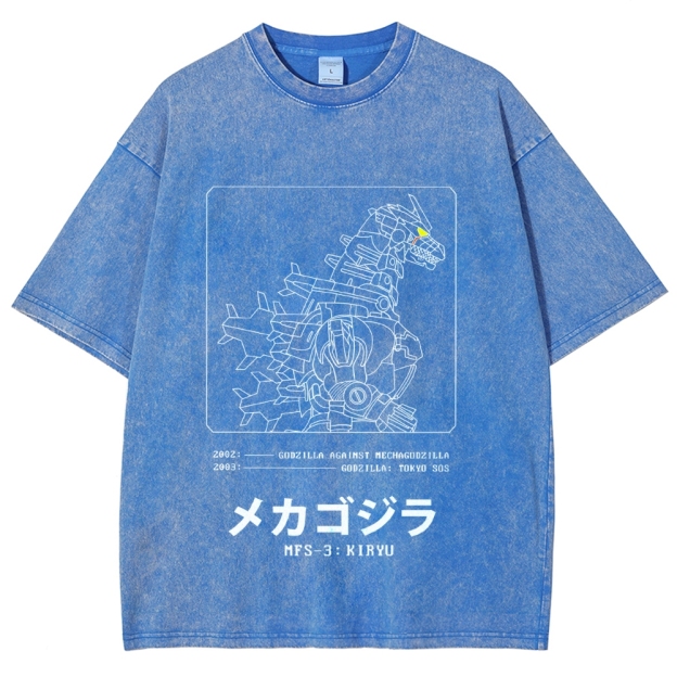Godzilla Gundam Mechagodzilla Vintage Wash Japanese Design T-Shirt