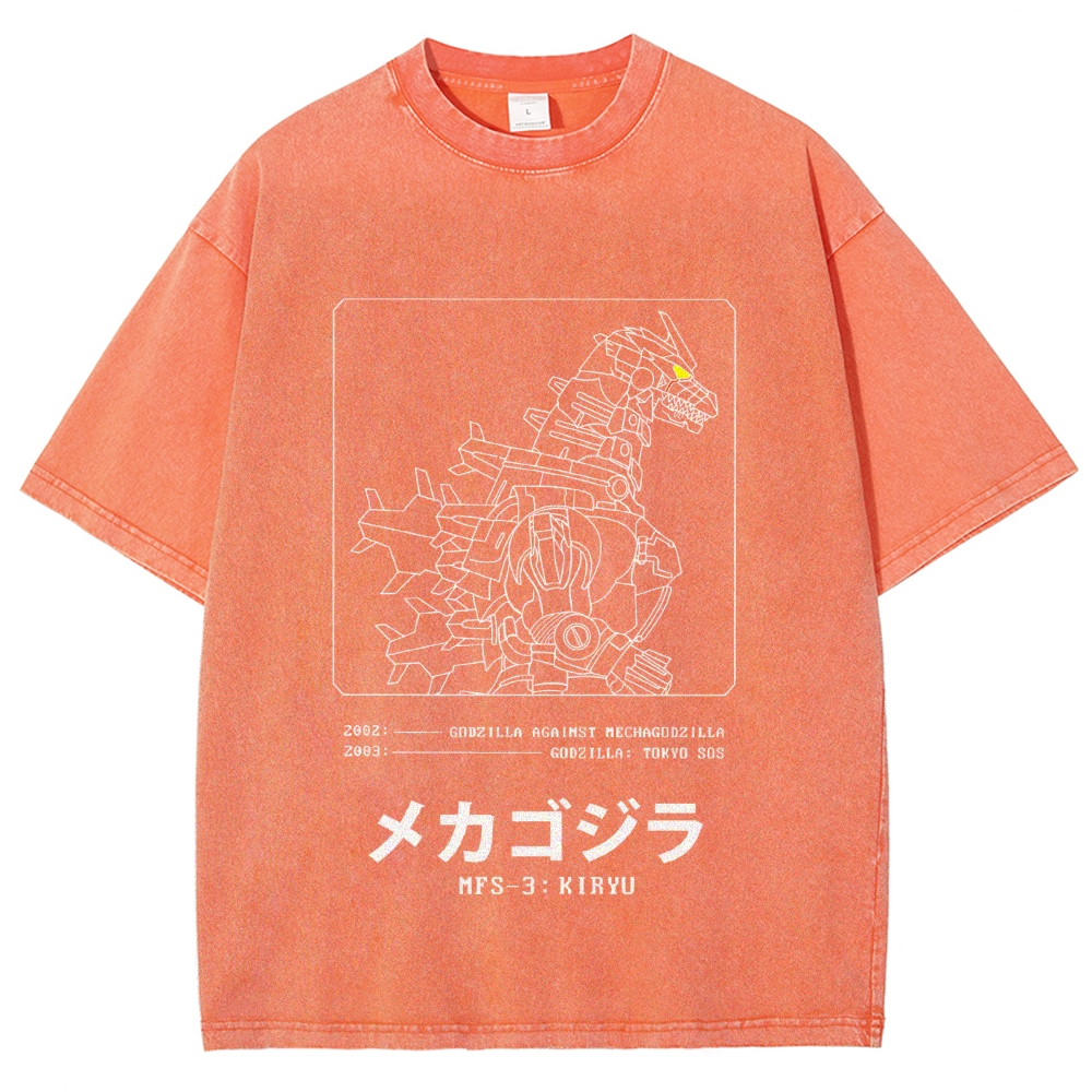 Godzilla Gundam Mechagodzilla Vintage Wash Japanese Design T-Shirt