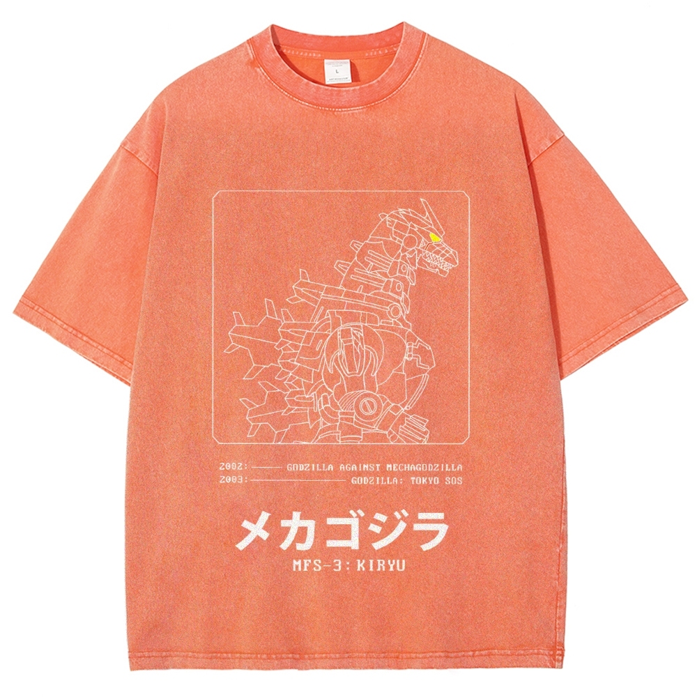 Godzilla Gundam Mechagodzilla Vintage Wash Japanese Design T-Shirt