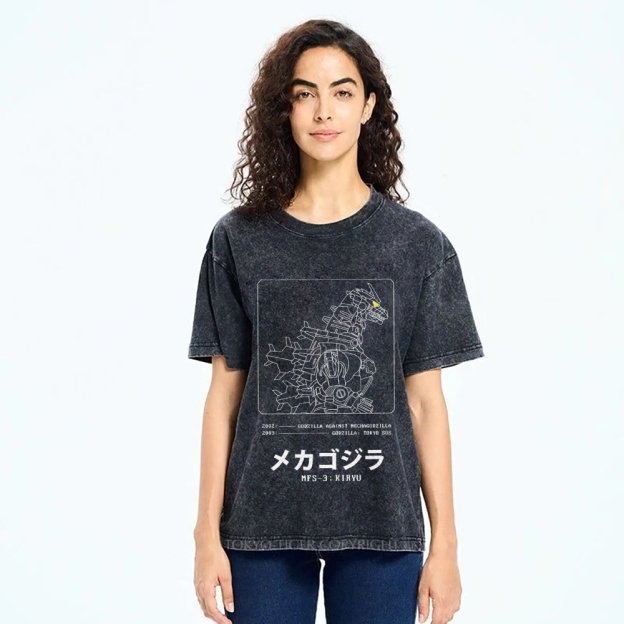 Godzilla Gundam Mechagodzilla Vintage Wash Japanese Design T-Shirt