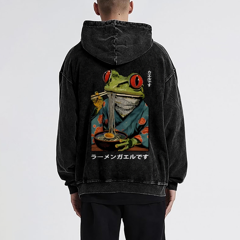 Frog Ramen Vintage Washed Cotton Back Art Hoodie