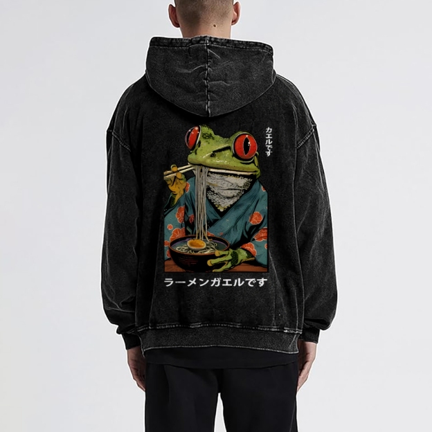 Frog Ramen Vintage Washed Cotton Back Art Hoodie