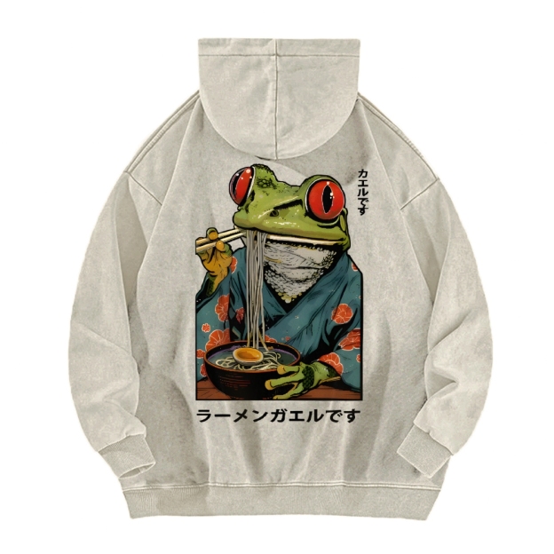 Frog Ramen Vintage Washed Cotton Back Art Hoodie