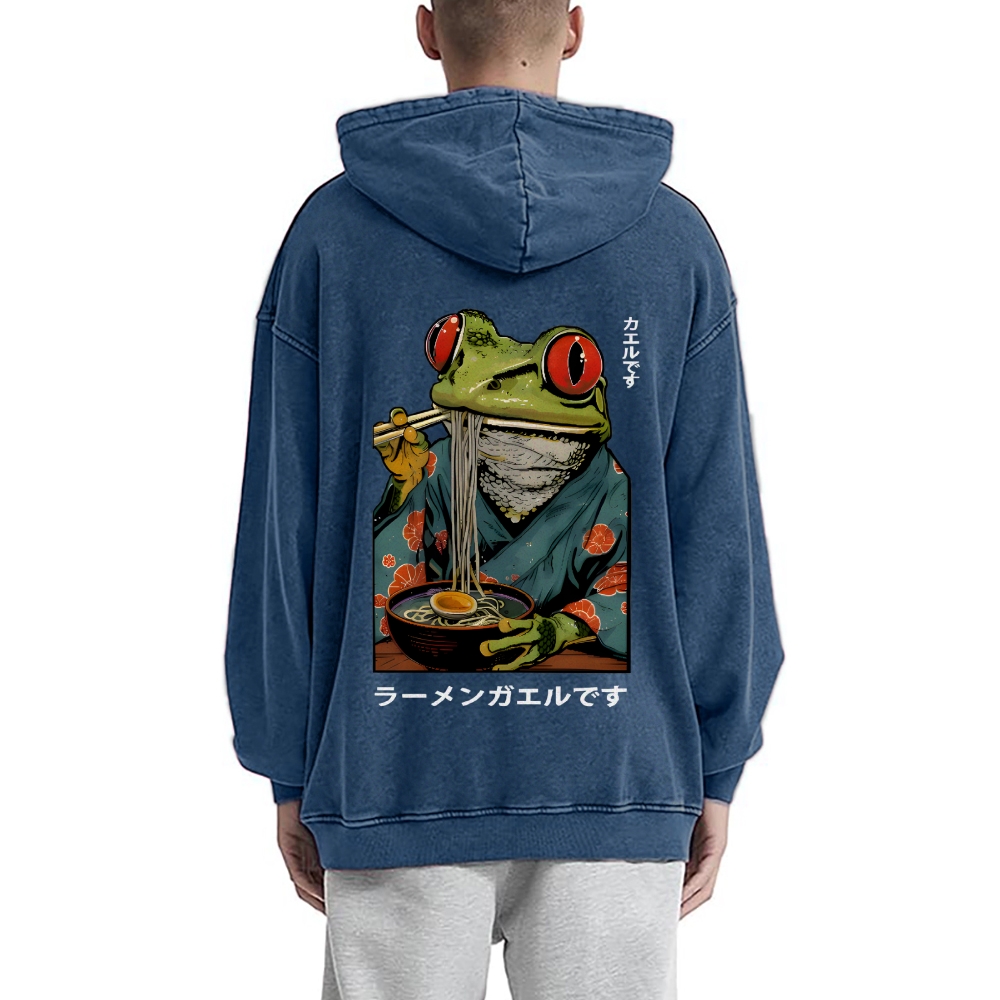 Frog Ramen Vintage Washed Cotton Back Art Hoodie