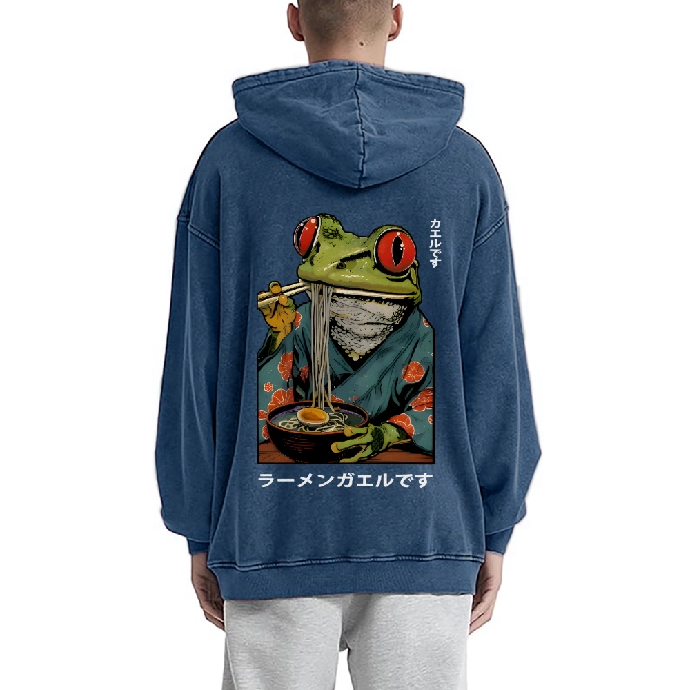 Frog Ramen Vintage Washed Cotton Back Art Hoodie