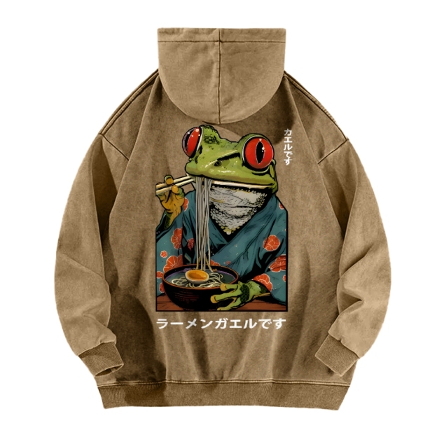 Frog Ramen Vintage Washed Cotton Back Art Hoodie