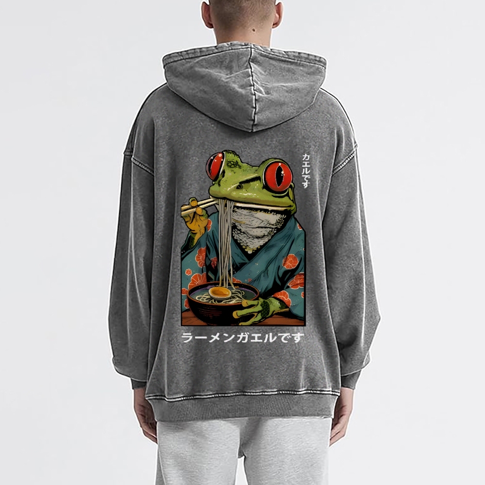 Frog Ramen Vintage Washed Cotton Back Art Hoodie