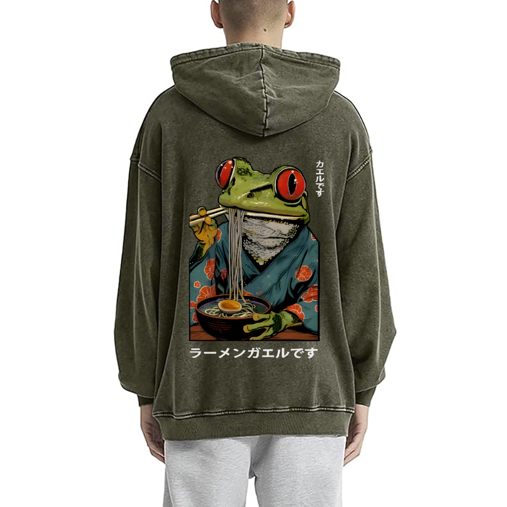 Frog Ramen Vintage Washed Cotton Back Art Hoodie