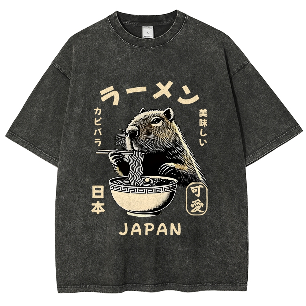 Retro Capybara Eating Ramen Japanese Washed T-Shirt