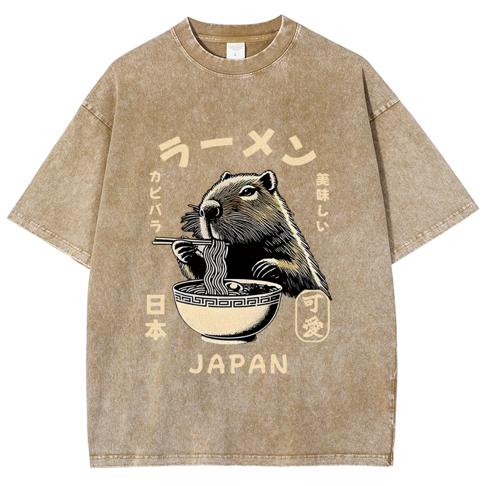 Retro Capybara Eating Ramen Japanese Washed T-Shirt