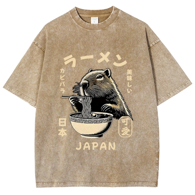 Retro Capybara Eating Ramen Japanese Washed T-Shirt