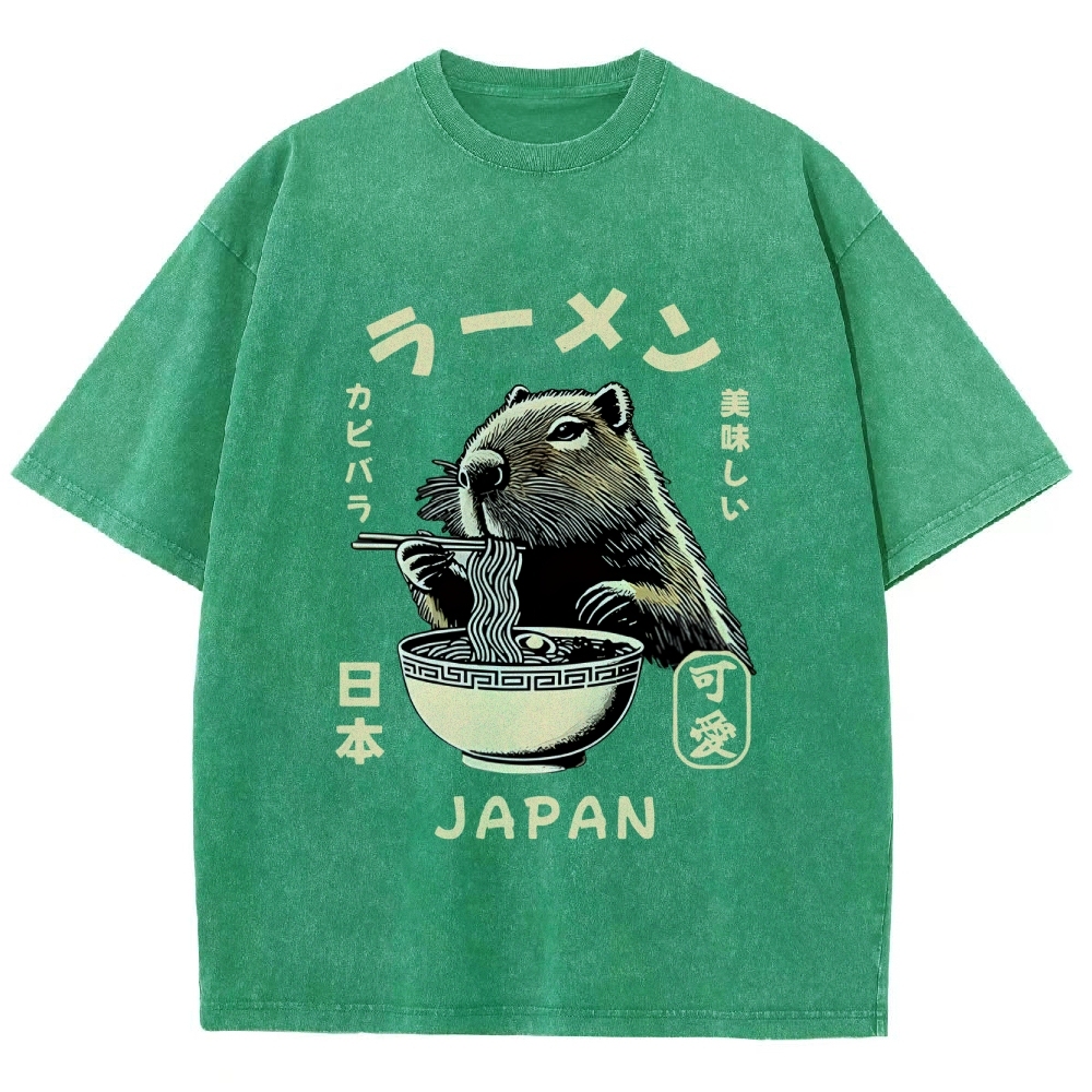 Retro Capybara Eating Ramen Japanese Washed T-Shirt