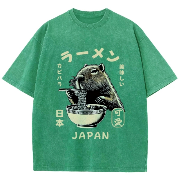 Retro Capybara Eating Ramen Japanese Washed T-Shirt