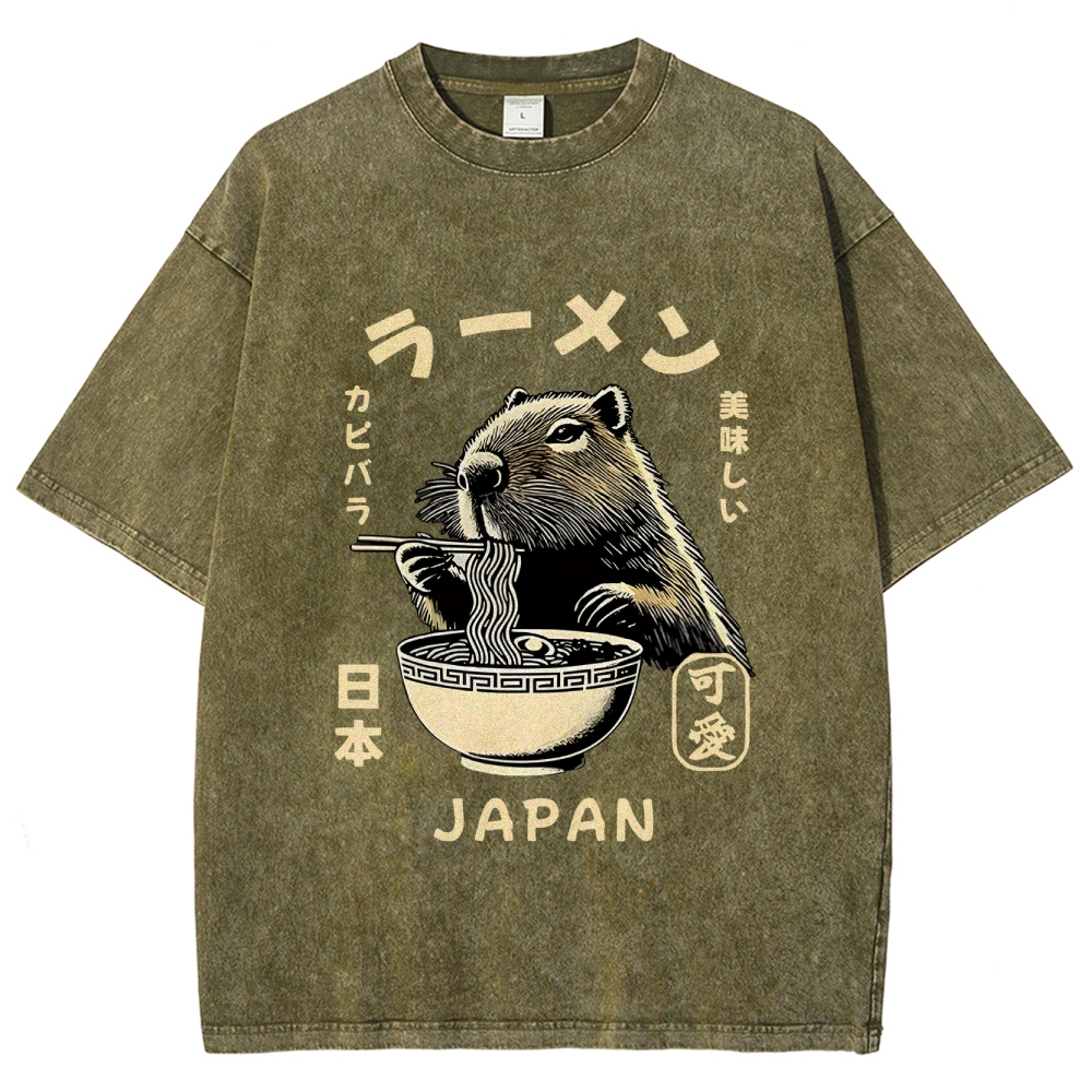 Retro Capybara Eating Ramen Japanese Washed T-Shirt