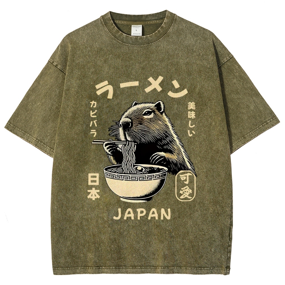 Retro Capybara Eating Ramen Japanese Washed T-Shirt