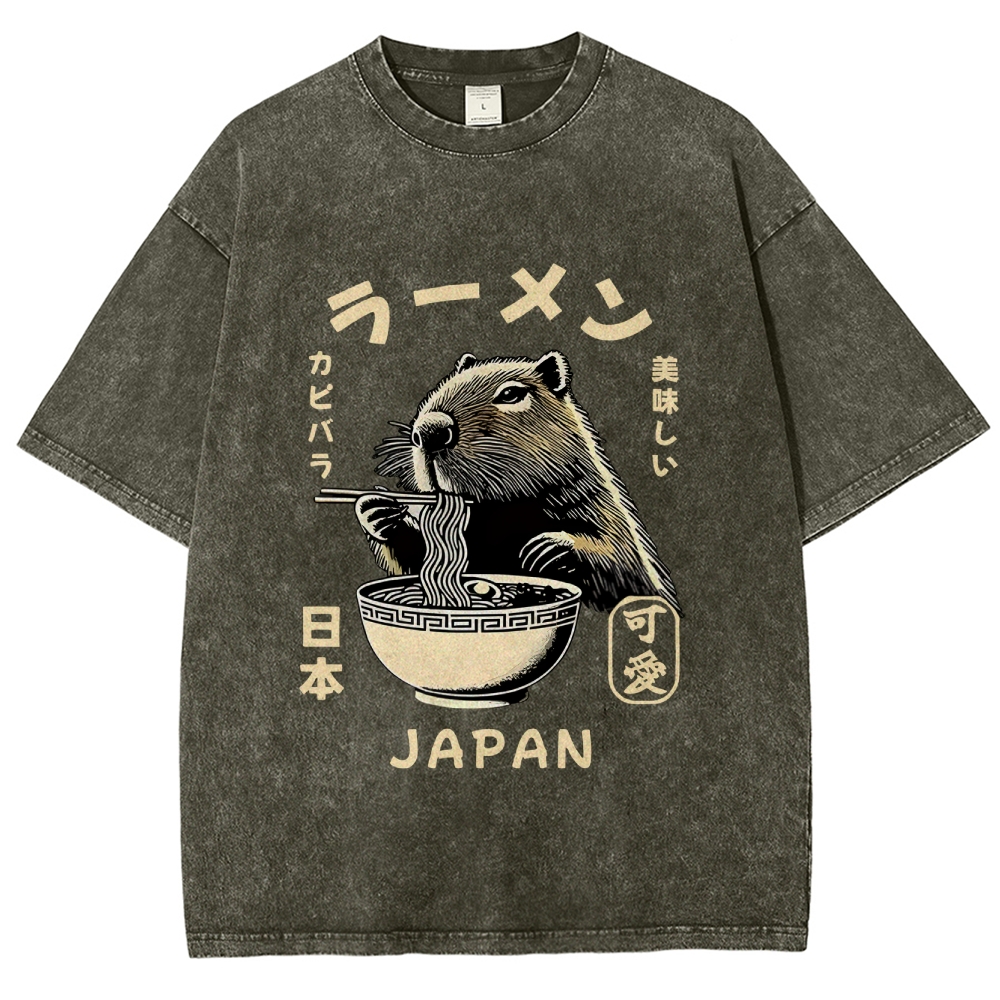 Retro Capybara Eating Ramen Japanese Washed T-Shirt