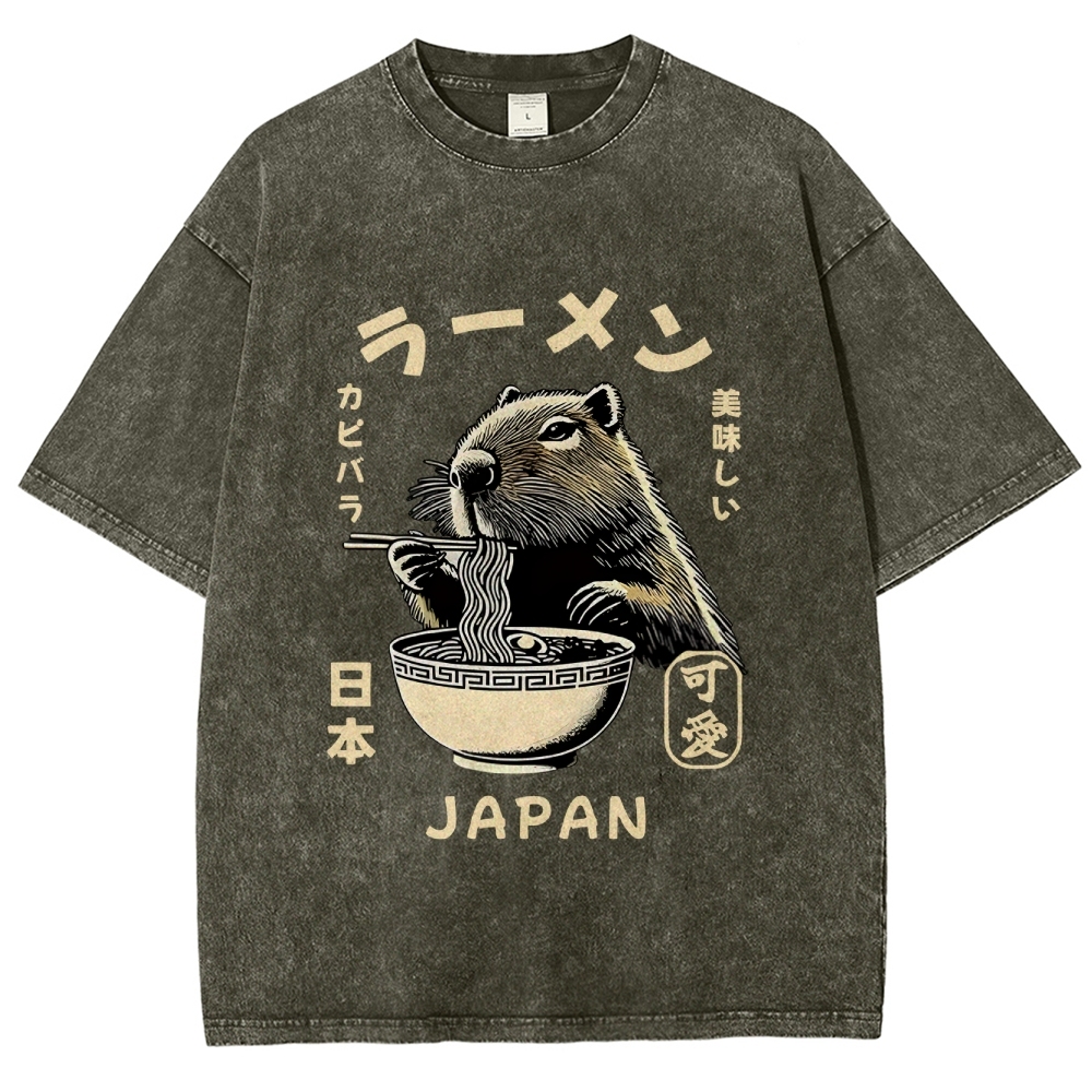 Retro Capybara Eating Ramen Japanese Washed T-Shirt