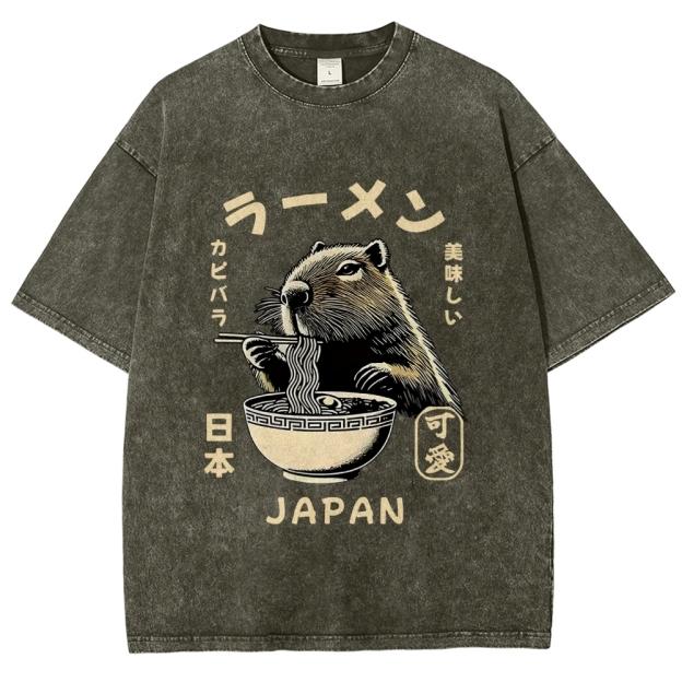Retro Capybara Eating Ramen Japanese Washed T-Shirt