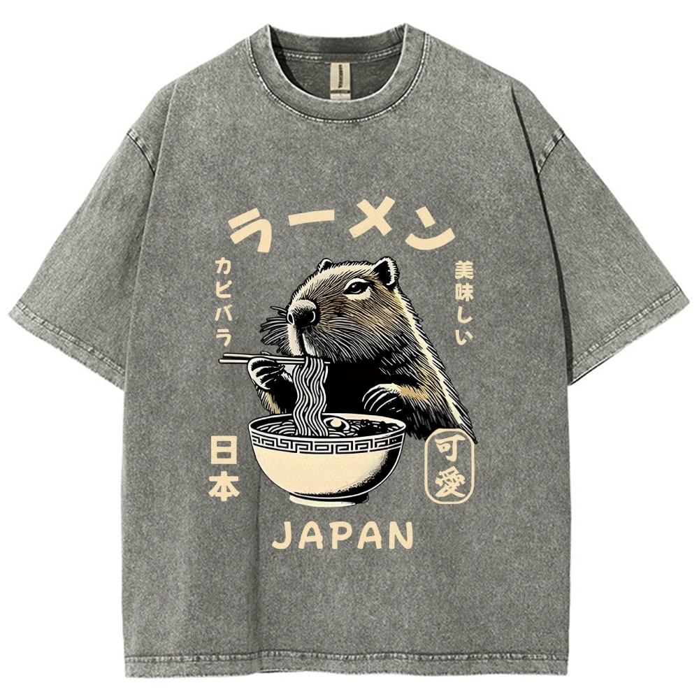 Retro Capybara Eating Ramen Japanese Washed T-Shirt