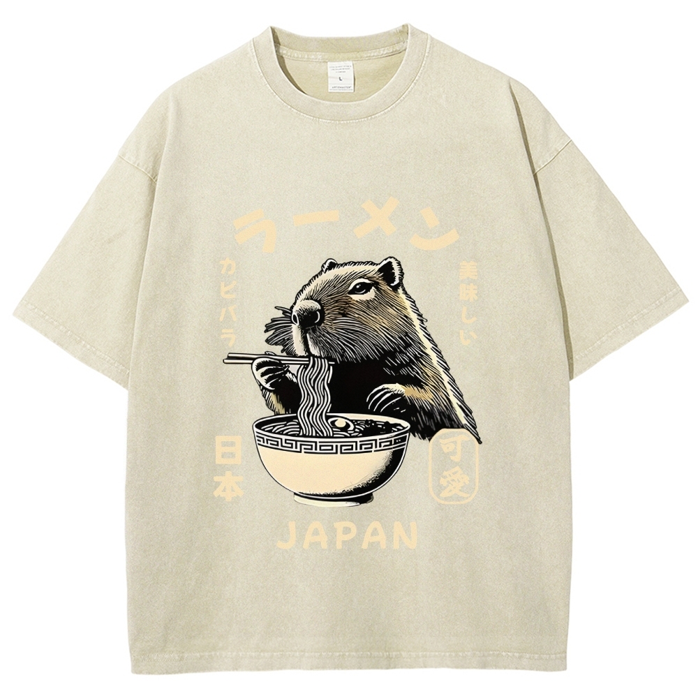 Retro Capybara Eating Ramen Japanese Washed T-Shirt