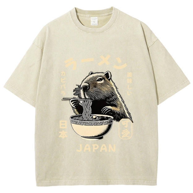 Retro Capybara Eating Ramen Japanese Washed T-Shirt