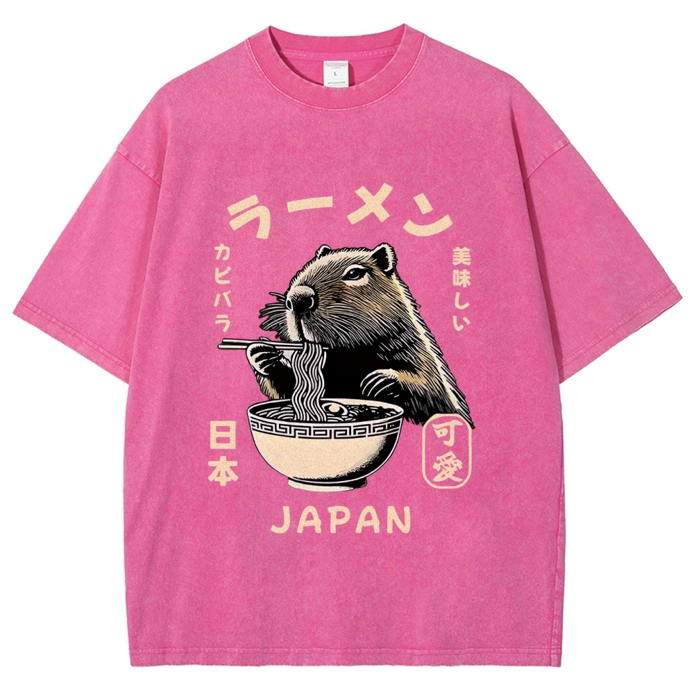 Retro Capybara Eating Ramen Japanese Washed T-Shirt