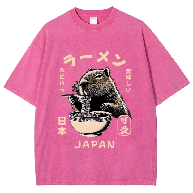Retro Capybara Eating Ramen Japanese Washed T-Shirt