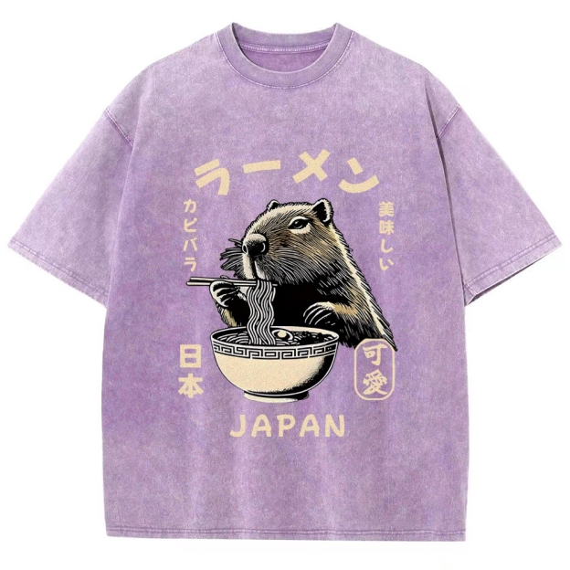 Retro Capybara Eating Ramen Japanese Washed T-Shirt