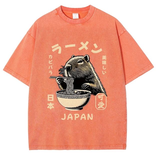 Retro Capybara Eating Ramen Japanese Washed T-Shirt