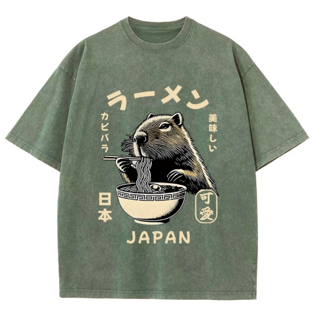 Retro Capybara Eating Ramen Japanese Washed T-Shirt