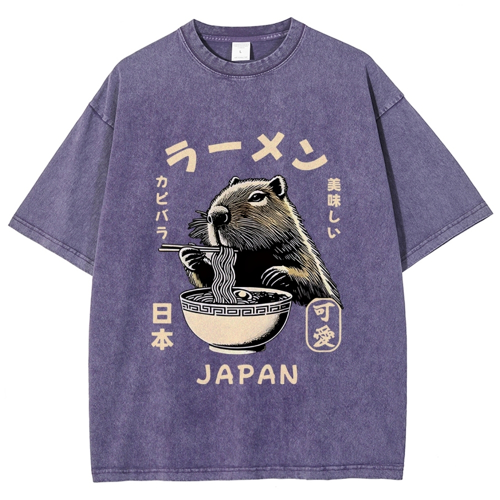 Retro Capybara Eating Ramen Japanese Washed T-Shirt