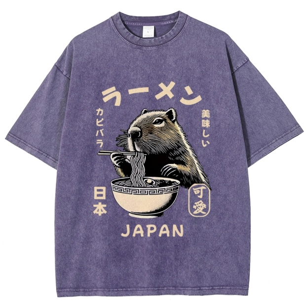 Retro Capybara Eating Ramen Japanese Washed T-Shirt