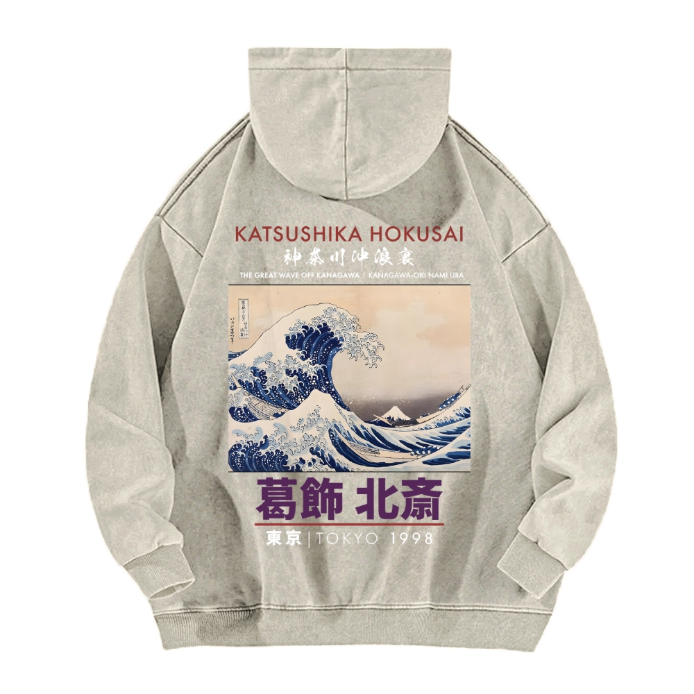 The Great Wave off Kanagawa Katsushika Hokusai Vintage Washed Cotton Back Art Hoodie