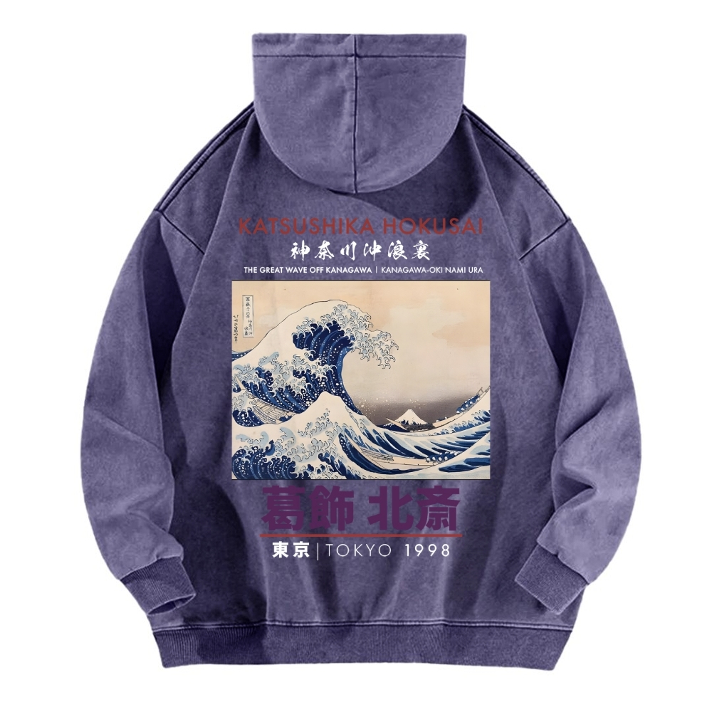 The Great Wave off Kanagawa Katsushika Hokusai Vintage Washed Cotton Back Art Hoodie